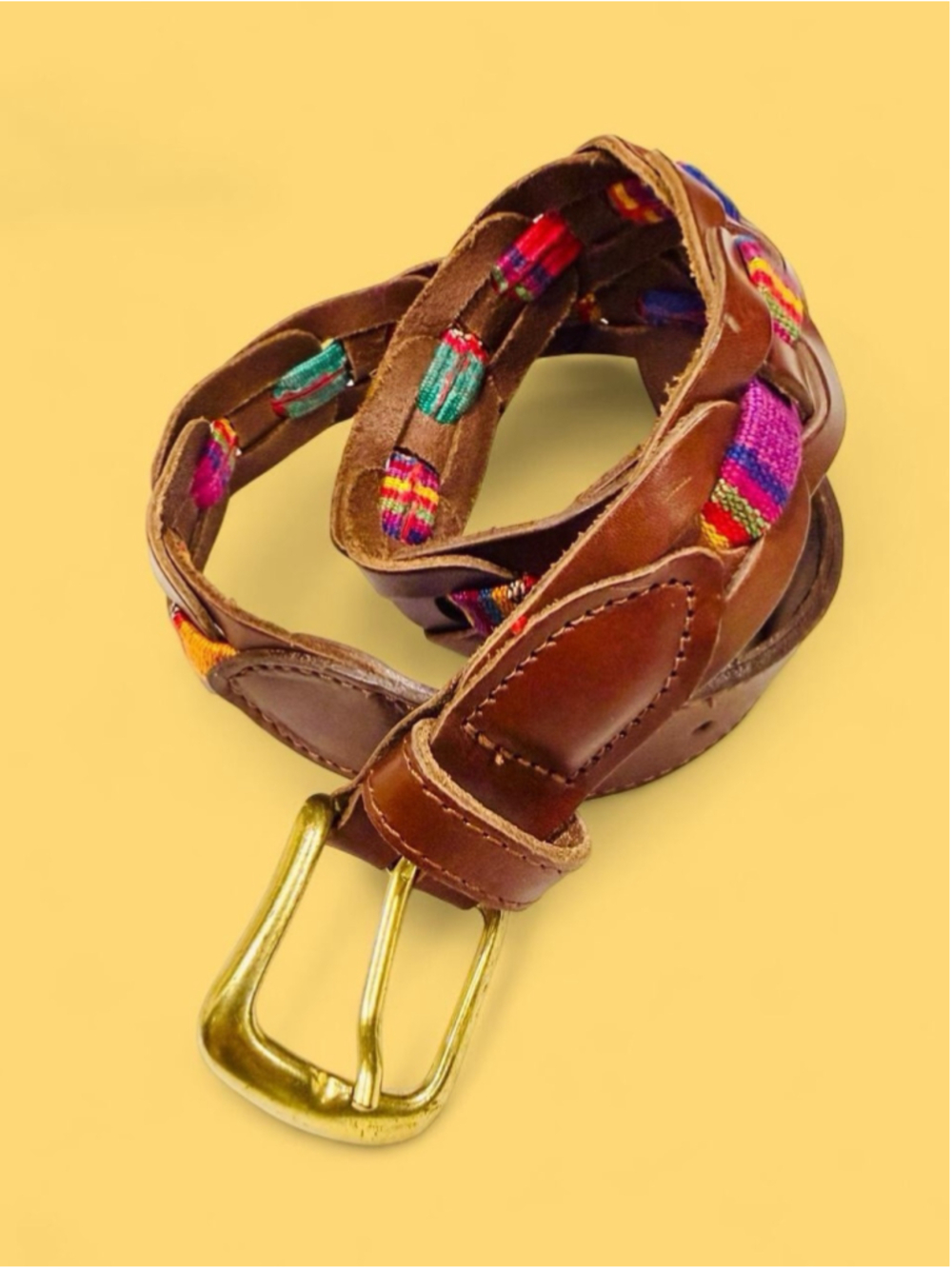 Guatemala Genuine Leather Woven Textile Belt Small Brown Boho Festival 35”